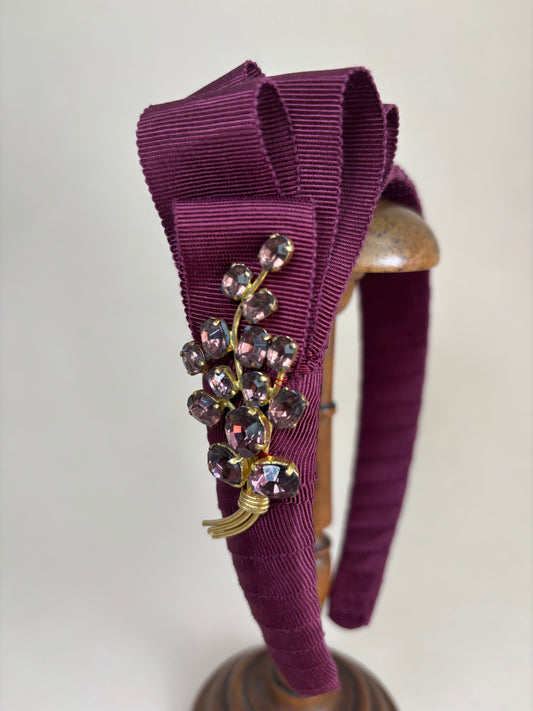 Burgundy headband with vintage flower bouquet brooch